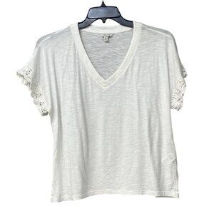 Lucky Brand White V-Neck Crochet Sleeve Womens T-Shirt Size S